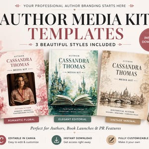 May include: Author Media Kit templates with three design styles. The templates include a Romantic Floral, Elegant Editorial, and Vintage Minimal design. Each template features the name "Cassandra Thomas" and the words "Media Kit". The image also includes the text "Perfect for Authors, Book Launches & PR Features".