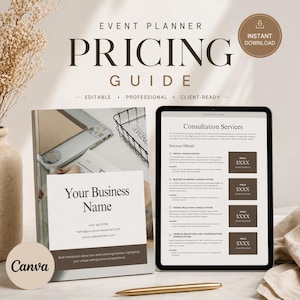 以下が含まれることがあります： 「Event Planner Pricing Guide」のテキストが入ったイベントプランナー向け価格ガイド。タブレットとノートに表示され、背景には金のペンとドライフラワーが配置されています。ガイドはクライアント対応で編集可能です。