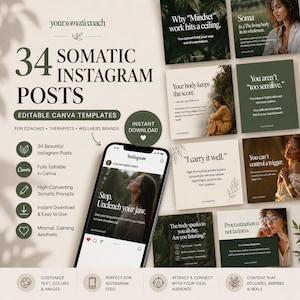 May include: A promotional image for "yoursomaticcoach" featuring 34 Instagram post templates. The design includes a smartphone displaying a post, text, and graphics. The templates are editable in Canva and designed for coaches, therapists, and wellness brands.