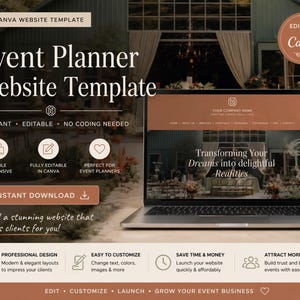 Puede incluir: Un portátil muestra una plantilla de sitio web para planificadores de eventos. El diseño presenta una paleta de colores cálidos e incluye el texto "Event Planner Website Template". El texto adicional incluye "Elegant, Editable, No Coding Needed" e "Instant Download."