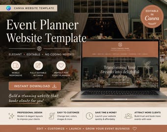 May include: A laptop displays an event planner website template. The design features a warm color palette and includes the text "Event Planner Website Template." Additional text includes "Elegant, Editable, No Coding Needed" and "Instant Download."
