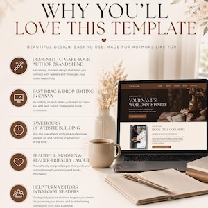 May include: A laptop displaying a website template for authors, with text that reads "Your Name's World of Stories." The image includes a coffee cup, notebook, pen, and decorative vase with dried flowers. The template is designed to help authors.