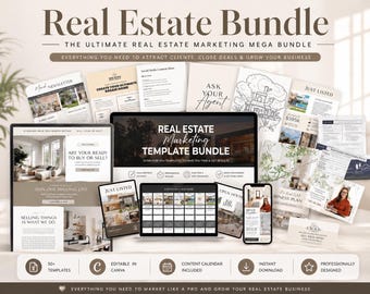 May include: A real estate marketing bundle with templates for attracting clients and growing a business. The image includes a laptop, tablet, and smartphone displaying marketing materials, along with printed documents and the text "Real Estate Bundle".