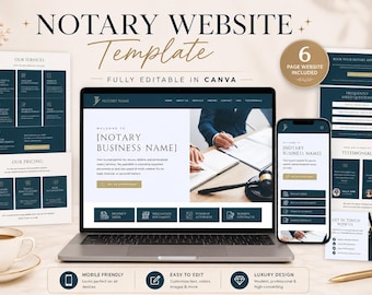 May include: A notary website template displayed on a laptop, smartphone, and printouts. The design features a navy and gold color scheme. The laptop screen shows a website mockup with the text "NOTARY BUSINESS NAME". Additional pages include service and pricing details.