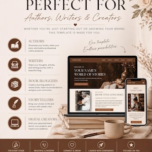 May include: A promotional image with text that reads "Perfect for Authors, Writers & Creators." It features a laptop and smartphone displaying a website template, a coffee cup, and a pen. The design is brown and cream-colored, with floral accents.