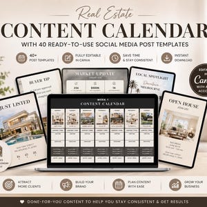 May include: A digital marketing graphic for real estate, featuring a laptop and several tablets displaying social media post templates. Text includes "Content Calendar" and "40+ Ready-to-Use Social Media Post Templates."