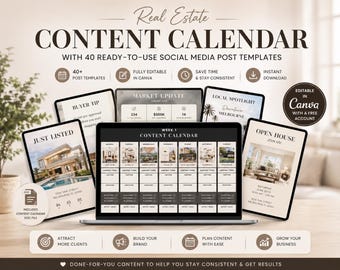 May include: A digital marketing graphic for real estate, featuring a laptop and several tablets displaying social media post templates. Text includes "Content Calendar" and "40+ Ready-to-Use Social Media Post Templates."
