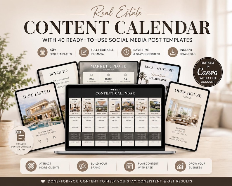 May include: A digital marketing graphic for real estate, featuring a laptop and several tablets displaying social media post templates. Text includes "Content Calendar" and "40+ Ready-to-Use Social Media Post Templates."