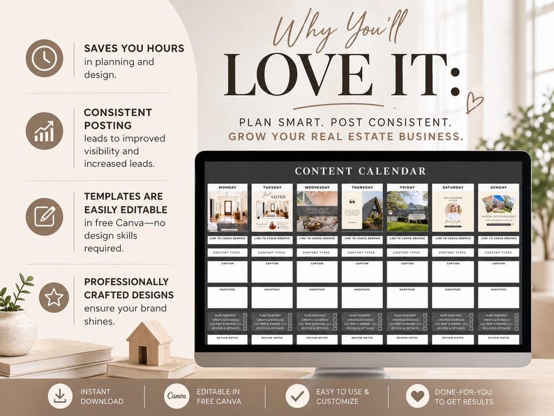 May include: A digital content calendar displayed on a computer monitor. The screen shows a weekly layout with sections for content types and captions. Text includes "Why You'll Love It" and "Content Calendar."