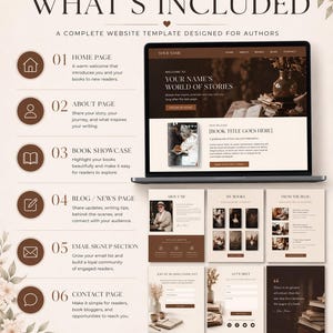 May include: A website template designed for authors, showcasing a laptop displaying a website layout. The design includes sections for a home page, about page, book showcase, blog, email signup, and contact page. The template is fully editable and mobile-friendly.