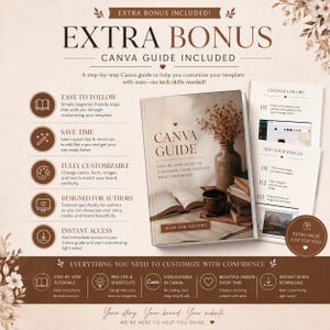 May include: A Canva Guide book with the text "EXTRA BONUS" and "CANVA GUIDE INCLUDED". The book is open, with a vase of dried flowers and a cup nearby. The guide promises easy customization and instant access.