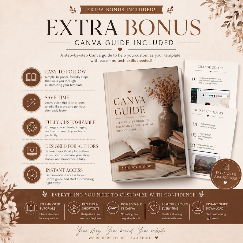 May include: A Canva Guide book with the text "EXTRA BONUS" and "CANVA GUIDE INCLUDED". The book is open, with a vase of dried flowers and a cup nearby. The guide promises easy customization and instant access.