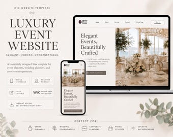 May include: A website template design for luxury event planning, displayed on a laptop and smartphone. The website showcases elegant event photos and text that reads "Elegant Events, Beautifully Crafted." Additional text includes "Luxury Event Website."