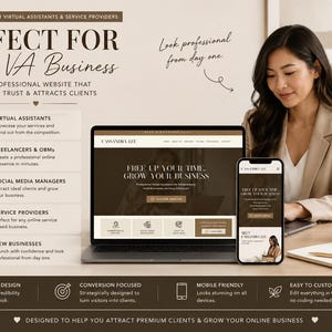 May include: A woman sits at a desk with a laptop and smartphone displaying a website design. The text on the screen reads "Free up your time, grow your business." The image promotes a website design service for virtual assistants.