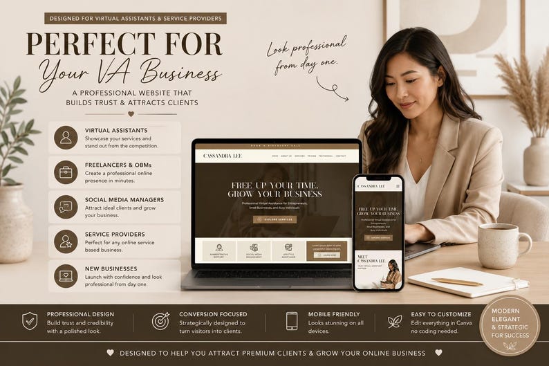 May include: A woman sits at a desk with a laptop and smartphone displaying a website design. The text on the screen reads "Free up your time, grow your business." The image promotes a website design service for virtual assistants.