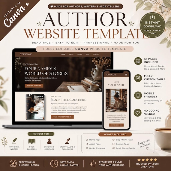 Author Website Template Canva | Professional Writer, Blogger (Digital Product)