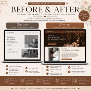 May include: A before and after website design comparison for authors. The "before" site is outdated, while the "after" site is modern and professional. The image highlights the transformation of an author's online presence with a new template.