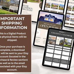 May include: A collection of digital real estate marketing templates displayed on tablets. The screens show open house preparation, market analysis, and a content calendar. A brown sign displays "IMPORTANT SHIPPING INFORMATION".