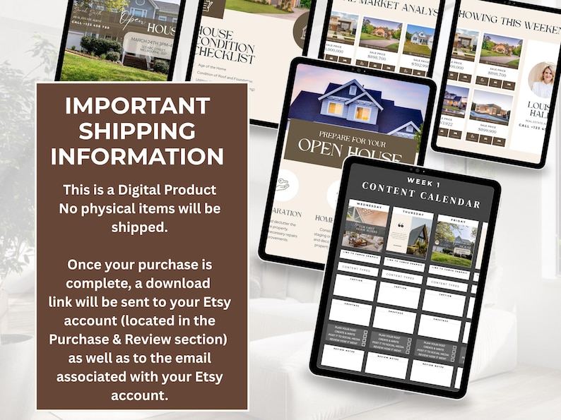 May include: A collection of digital real estate marketing templates displayed on tablets. The screens show open house preparation, market analysis, and a content calendar. A brown sign displays "IMPORTANT SHIPPING INFORMATION".