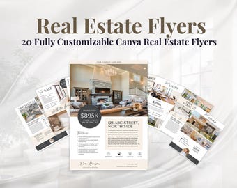 May include: A collection of real estate flyers with the text "Real Estate Flyers" and "20 Fully Customizable Canva Real Estate Flyers." The flyers showcase property photos and details, including "New Listing" and "Open House" options.