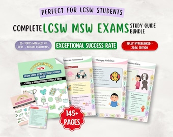 May include: A study guide bundle for LCSW and MSW exams. The cover features the text "LCSW MSW EXAMS STUDY GUIDE 2026" and "GUIDE & QUESTIONS BUNDLE 2026". The bundle includes over 145 pages and is fully hyperlinked.