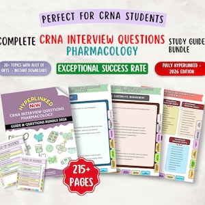 Peut inclure: Un ensemble de guides d'étude et de questions d'entretien pour les étudiants en CRNA. La couverture du guide principal est violette et porte le titre "CRNA Interview Questions Pharmacology Guide & Questions Bundle 2026". L'ensemble comprend 215+ pages.