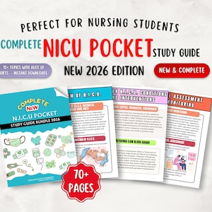 Puede incluir: Un conjunto de guías de estudio de color turquesa titulado "Complete NICU Pocket Study Guide Bundle 2026" con ilustraciones médicas. La guía incluye el texto "New 2026 Edition" y "New & Complete". La imagen también incluye el texto "70+ Pages".