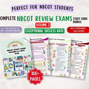 May include: A digital study guide bundle for NBCOT students, featuring a 100+ page 2026 edition volume 2. The materials include hyperlinked content, 20 topics, and exam review resources with colourful illustrations, text, and diagrams on occupational therapy.