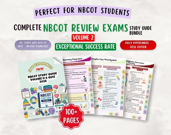 May include: A digital study guide bundle for NBCOT students, featuring a 100+ page 2026 edition volume 2. The materials include hyperlinked content, 20 topics, and exam review resources with colorful illustrations, text, and diagrams on occupational therapy.