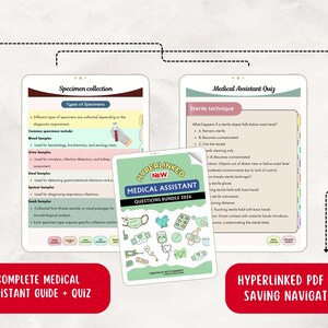 May include: A digital medical assistant study guide and quiz bundle. The image shows two tablets displaying medical information, and a booklet with the text "HYPERLINKED NEW MEDICAL ASSISTANT QUESTIONS BUNDLE 2026". The image also includes the text "COMPLETE MEDICAL ASSISTANT GUIDE + QUIZ".