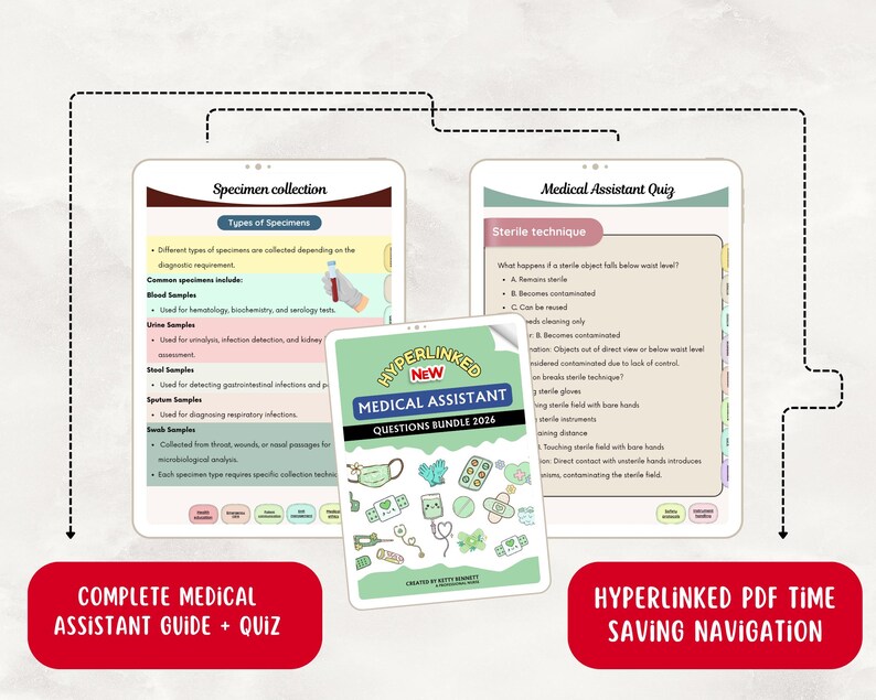May include: A digital medical assistant study guide and quiz bundle. The image shows two tablets displaying medical information, and a booklet with the text "HYPERLINKED NEW MEDICAL ASSISTANT QUESTIONS BUNDLE 2026". The image also includes the text "COMPLETE MEDICAL ASSISTANT GUIDE + QUIZ".