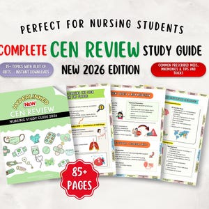 Op de afbeelding: Een studiehandleiding voor verpleegkundestudenten, getiteld "Complete CEN Review Study Guide 2026 Edition". De gids bevat 85+ pagina's en bevat onderwerpen, cadeaus en direct downloads. De omslag is lichtgroen met medische illustraties.