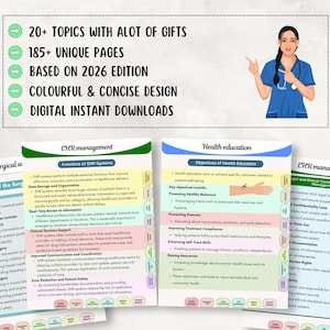 May include: Digital download of colorful medical education materials. The image includes a graphic of a healthcare professional, along with text highlighting topics, pages, and edition details. The design is concise and includes digital downloads.