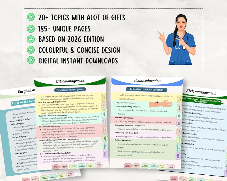 May include: Digital download of colorful medical education materials. The image includes a graphic of a healthcare professional, along with text highlighting topics, pages, and edition details. The design is concise and includes digital downloads.
