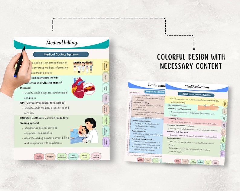 May include: Educational infographic sheets titled Medical Billing and Health Education. The documents feature text, illustrations of a human heart and a doctor with a patient, and colorful tabs labeled with various medical topics.