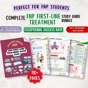 Könnte beinhalten: Ein digitales Studienführer-Paket für FNP-Studenten mit dem Titel FNP First-Line Treatment 2026. Das Set umfasst über 110 Seiten medizinischer Inhalte, mit verlinkten Abschnitten, Illustrationen klinischer Verfahren und Texten zu Diabetes und Asthma.