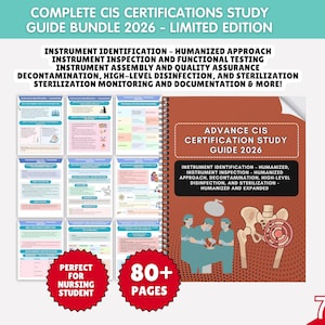 Puede incluir: Un paquete de guías de estudio para certificaciones CIS, con un libro encuadernado en espiral y varias hojas de estudio. La portada del libro dice "Advance CIS Certification Study Guide 2026". El paquete incluye más de 80 páginas y está diseñado para estudiantes de enfermería.