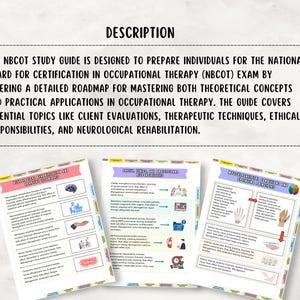 May include: Three open study guide pages with colorful tabs and illustrations. The text reads "NBCOT Study Guide" and covers topics like client evaluations, therapeutic techniques, and neurological rehabilitation. The pages are on a white background.