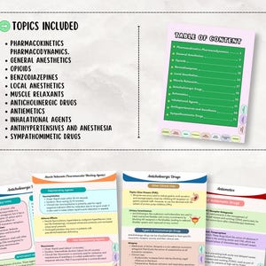 Może przedstawiać: Edukacyjne fiszki medyczne na tematy takie jak farmakologia i anestezjologia. Obraz przedstawia spis treści i listę temat&oacute;w, a także kilka fiszek ze szczeg&oacute;łowymi informacjami.