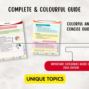 Może przedstawiać: Kolorowy przewodnik z tekstem "COMPLETE & COLOURFUL GUIDE" na g&oacute;rze. Przewodnik zawiera informacje na temat "Skutk&oacute;w ubocznych i toksyczności" oraz "Lek&oacute;w zwiotczających mięśnie". Widoczny jest r&oacute;wnież tekst "COLORFUL AND CONCISE GUIDE". Przewodnik jest podzielony na "IMPORTANT CATEGORIES BASED ON 2026 EDITION" i "UNIQUE TOPICS".