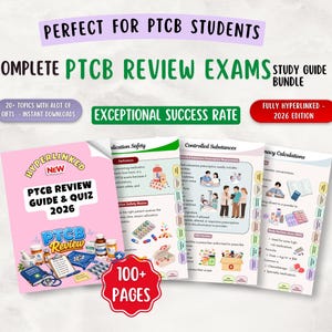 Può includere: Una guida di ripasso e un pacchetto di quiz PTCB per il 2026, con oltre 100 pagine di contenuti con collegamenti ipertestuali. I materiali includono argomenti sulla sicurezza dei farmaci, sostanze controllate e calcoli farmaceutici illustrati.
