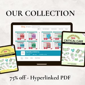 May include: An Etsy shop display featuring digital study guides for nursing students. The image shows a laptop and two tablets displaying colorful study guides with medical-themed illustrations. Text includes "Our Collection" and "Hyperlinked PDF".