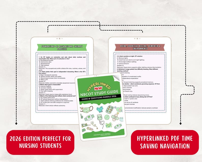 May include: Two tablets displaying occupational therapy study guides, with the text "Foundations of Occupational Therapy Practice" and "Aging Cognitive Decline Dementia & Environments." A green study guide with the text "NBCOT Study Guide" is in front. Text at the bottom reads "2026 Edition Perfect for Nursing Students."