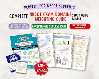 May include: A study guide bundle for NBCOT exam domains, featuring a teal cover with the text "Hyperlinked NBCOT Exam Domains & Weighting Guide." The bundle includes 120+ pages and is fully hyperlinked. Additional text includes "Exceptional Success Rate."