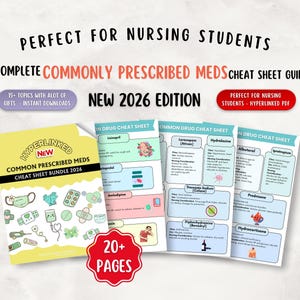 Cheatsheet voor 100+ vaak voorgeschreven medicijnen, 20+ pagina's, studiegids verpleegkunde 2025-26 (digitale downloads)