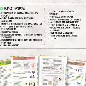 May include: A collection of study guides for occupational therapy, featuring detailed notes and diagrams. The guides cover topics such as foundations of practice, client evaluation, intervention planning, and neurological rehabilitation. The image also includes a list of topics.