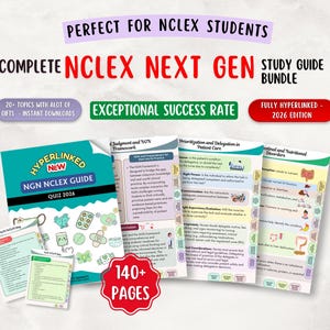 Puede incluir: Un paquete de guías de estudio para estudiantes de NCLEX. La imagen presenta una guía turquesa y blanca con el texto "NGN NCLEX GUIDE QUIZ 2026". Páginas adicionales muestran información sobre el cuidado del paciente y trastornos nutricionales.