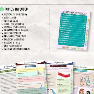 May include: A collection of medical study guides with topics including medical terminology, vital signs, and patient care. The guides feature colorful tabs and detailed content, ideal for healthcare students and professionals.