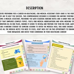 May include: Medical assistant study guide with essential nursing notes and a handy med cheat sheet. The guide simplifies complex topics, including medical abbreviations and vital medicine study information. The image shows three study guides with different topics.