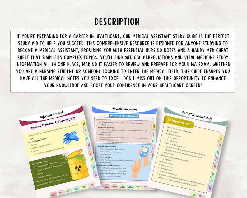 May include: Medical assistant study guide with essential nursing notes and a handy med cheat sheet. The guide simplifies complex topics, including medical abbreviations and vital medicine study information. The image shows three study guides with different topics.